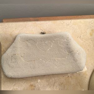 Vintage 1950s Ivory Hand Beaded Seed Bead Clutch